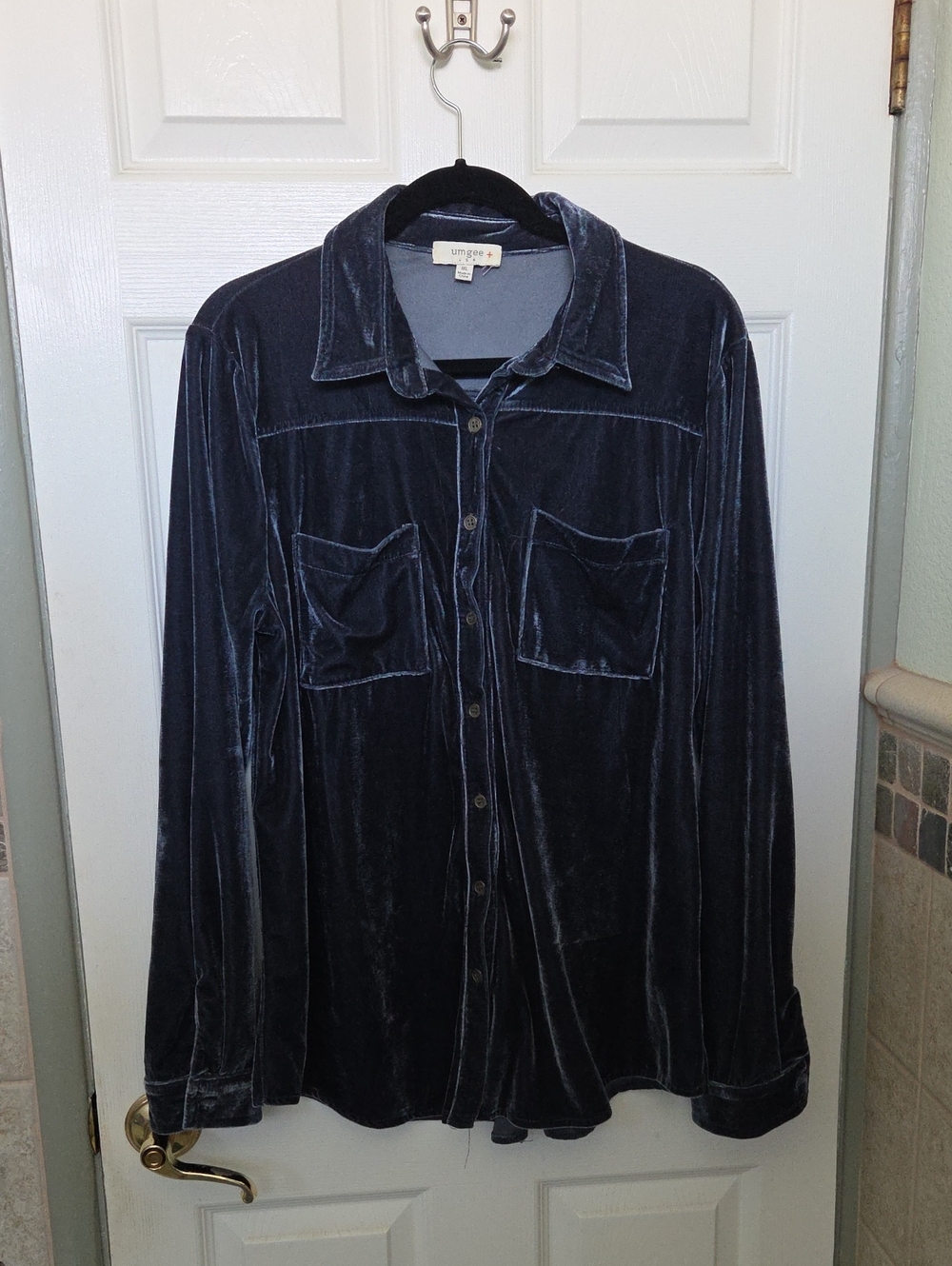 Velvet Button-Up Shirt in Blue Western Bohemian Rodeo Contemporary Dressy 1X